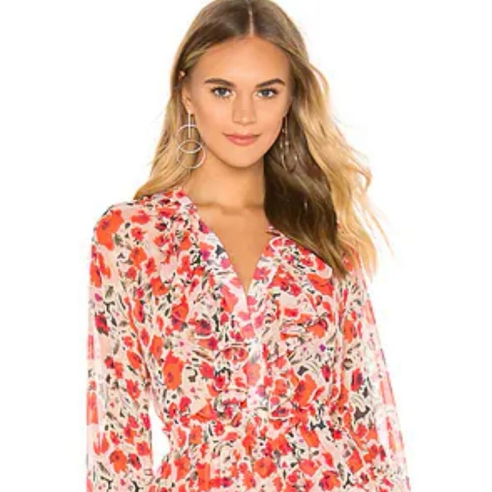 Misa Los Angeles Floral V-Neck Sheer Blouse in White and Red